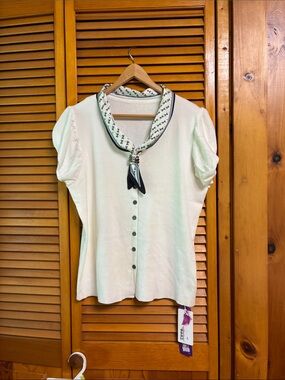 white Short-Sleeve Button Front Blouse with Neckerchief Detail length 23”